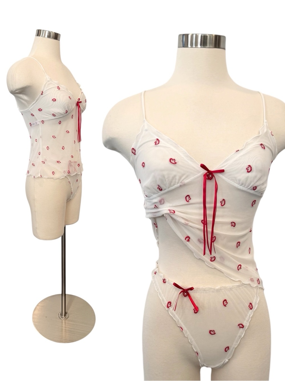 Y2K Victoria’s Secret White Micro Mesh Red Hearts Vintage Cami Panties 2PC Set